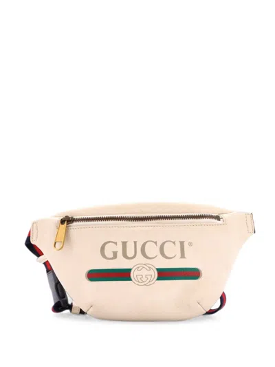 Pre-owned Gucci Logo Printed Leather Small Belt Bag In White