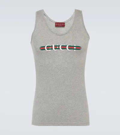 Gucci Logo Ribbed-knit Cotton Jersey Tank Top In Grey