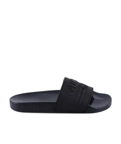 Gucci Logo Rubber Slide Sandals In Black