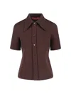 Gucci Women Brown Shirt With Polo Style Pointed Collar In Wool And Cotton Blend Woman In Brown