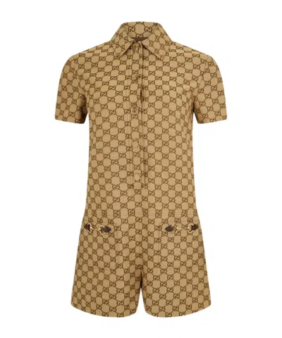 Gucci Logo Short Sleeve Jumpsuit In Brown