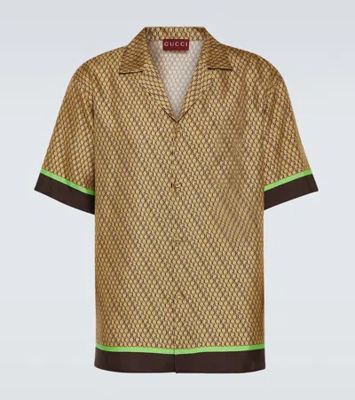 Gucci Logo Silk Bowling Shirt In Brown
