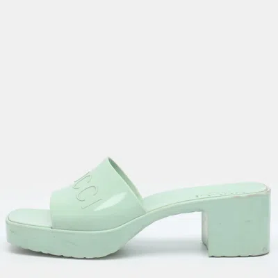 Pre-owned Gucci Logo Size 36 Green Rubber Block Heel Slide Sandals