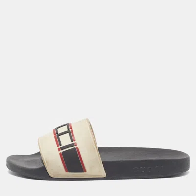 Pre-owned Gucci Logo Size 41 White/black Rubber Slide Sandals