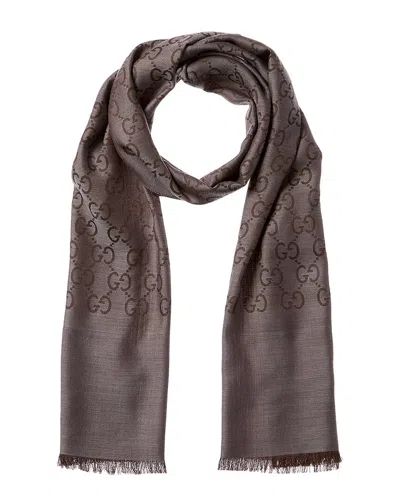 Gucci Logo Small Jacquard Wool & Silk-blend Scarf In Grey