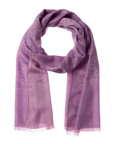 Gucci Logo Small Jacquard Wool & Silk-blend Scarf In Purple