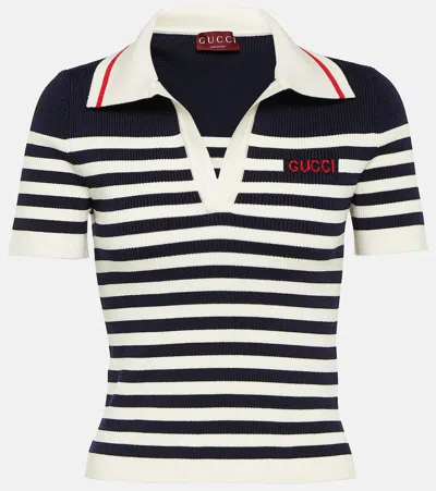 Gucci Logo Striped Cotton-blend Polo Shirt In Blue/ivory/red