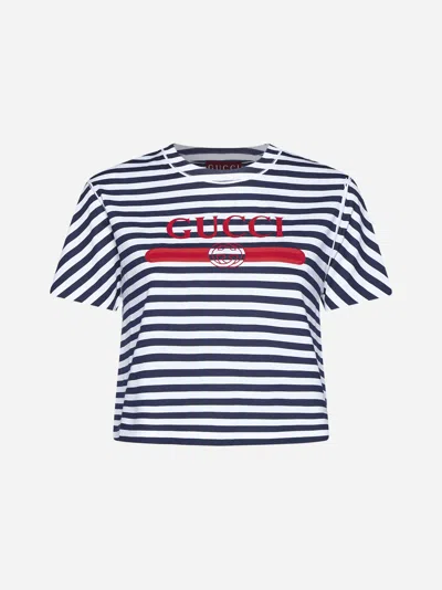 Gucci Striped Logo Print T-shirt In Navy
