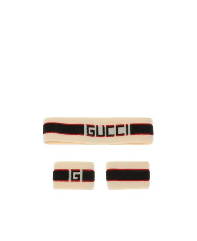 Gucci Logo Striped Headband And Wristband In Nude