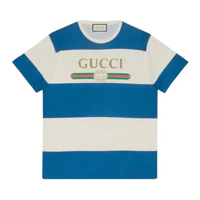 Pre-owned Gucci Logo Striped T-shirt 'natural/blue' | Multi-color | Men's Size Xs