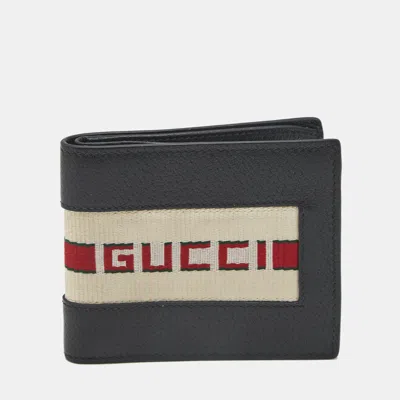 Pre-owned Gucci Logo Web Black Leather Bifold Wallet