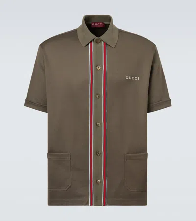 Gucci Logo Web Stripe Cotton Piqué Polo Shirt In Brown