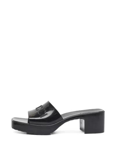 Pre-owned Gucci Logo-detail Block Heel Sandals In Black