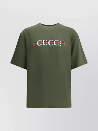 Gucci Logoed Cotton T-shirt With Ribbed Crew Neck In Green