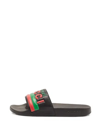 Pre-owned Gucci Logo-embossed Leather Slides In Black
