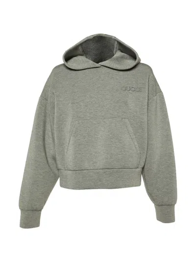Pre-owned Gucci Logo-embroidered Jersey Hoodie In Gray