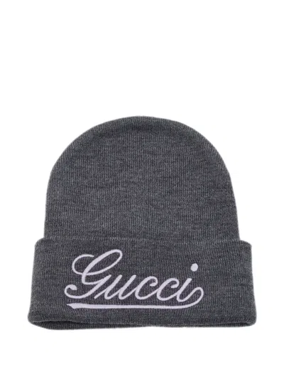 Pre-owned Gucci Logo-embroidered Knitted Beanie Hat In Grey