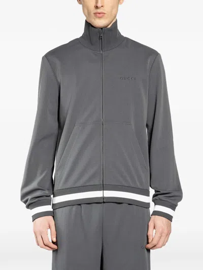 Gucci Logo-embroidered Striped-trim Sweatshirt In Gray