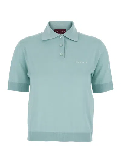 Gucci Logo-embroidered Wool Polo Shirt In Blue