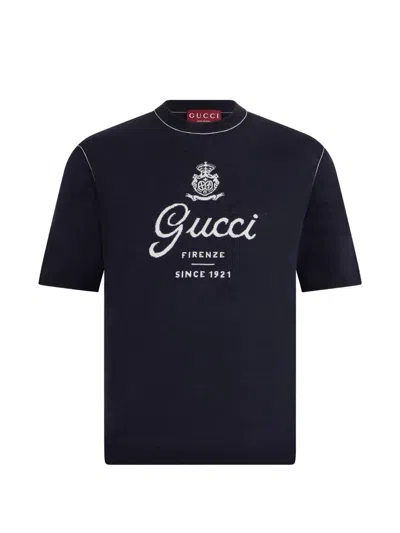 Gucci Logo-intarsia Short-sleeve Sweater In Blue