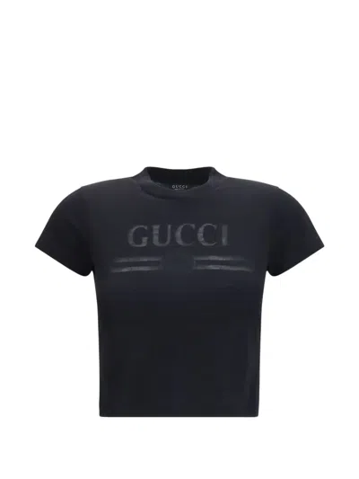 Gucci Cotton Blend Cropped T Shirt Short Sleeves In Black