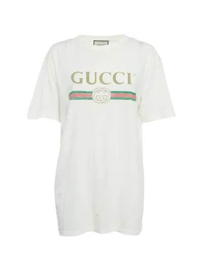 Pre-owned Gucci Logo-print Distressed T-shirt In Neutral