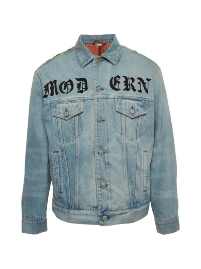 Pre-owned Gucci Logo-print Floral-motif Denim Jacket In Blue