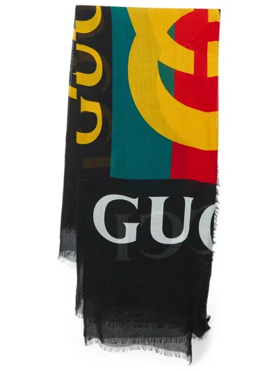 Pre-owned Gucci Logo-print Frayed Scarf In Black
