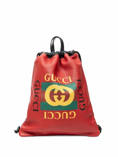 Pre-owned Gucci Logo-printed Drawstring Backpack In Red