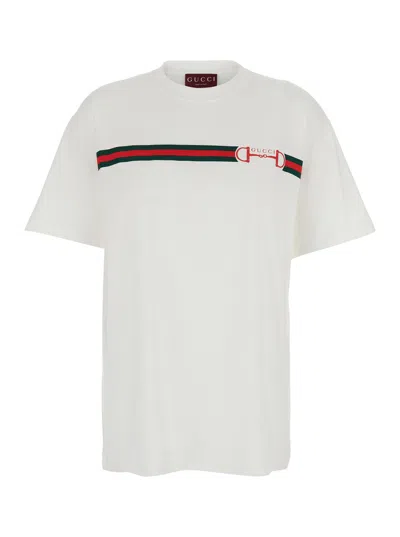Gucci Logo-striped Crew Neck T-shirt In White