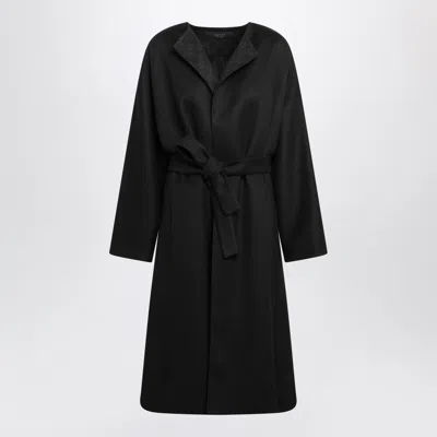 Gucci Long Black Silk And Wool Coat With Gg Motif, Detachable Tie Belt