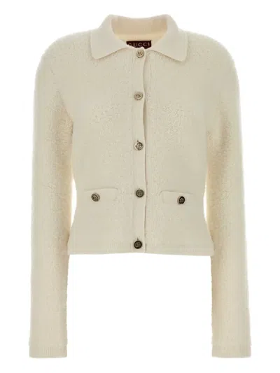 Gucci Textured Knit Cardigan With Collar And Sleeves In Neutral