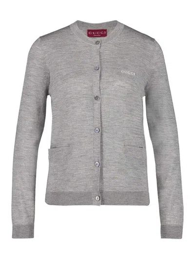 Gucci Long Sleeve Crew-neck Cardigan In Gray
