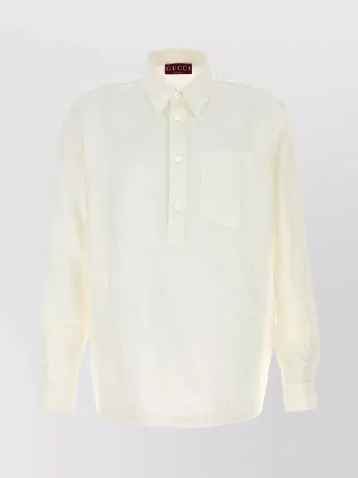 GUCCI LONG SLEEVE LINEN POLO SHIRT WITH CHEST POCKET