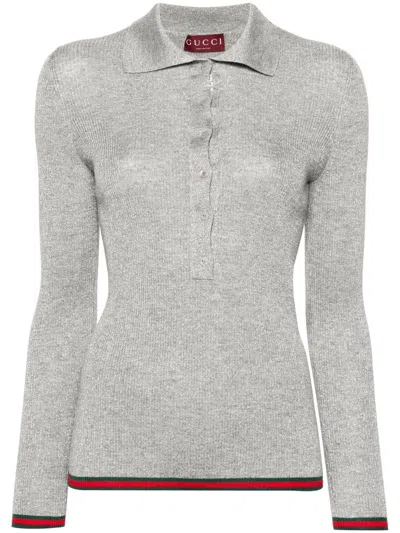 Gucci Ribbed-knit Polo Top In Gray