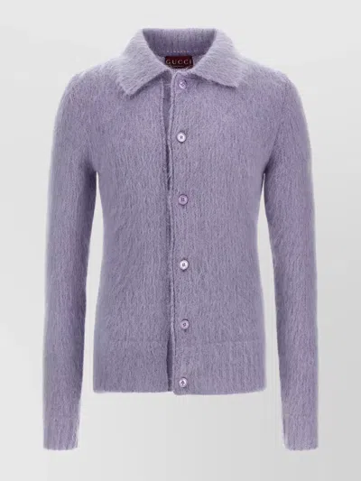 Gucci Long Sleeve Ribbed Hem Knit Cardigan In Purple