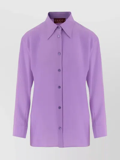 Gucci Long Sleeve Silk Shirt With Pointed Collar In Purple