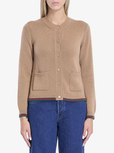 Gucci Long-sleeved Cashmere Cardigan With Web Trims In Beige