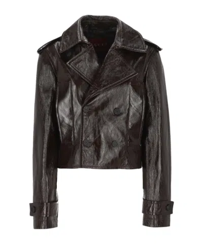 Gucci Double-breasted Leather Jacket In Brown
