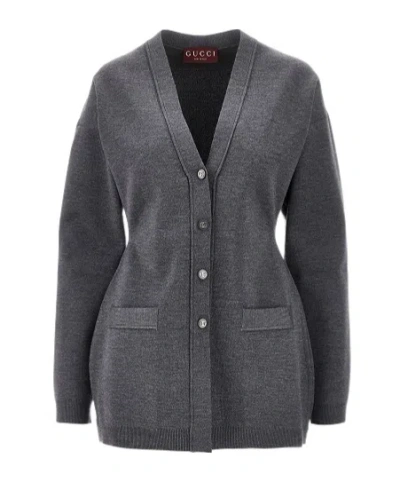 Gucci Long-sleeved Knitted Cardigan In Gray