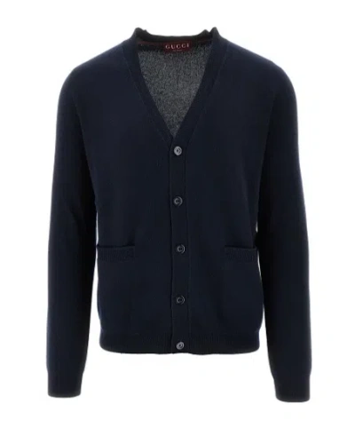 Gucci Long-sleeved Knitted Cardigan In Blue