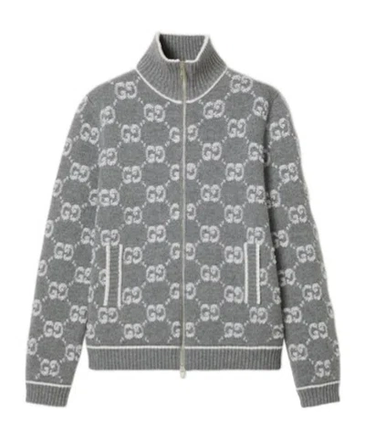 Gucci Long-sleeved Knitted Cardigan In Gray