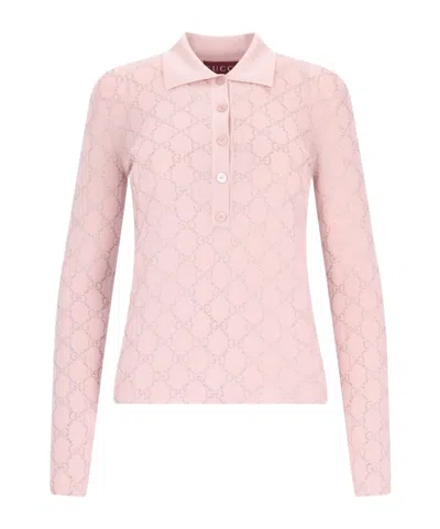 Gucci "gg Crystal" Knit Polo Shirt In Nude & Neutrals
