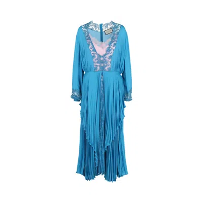 Pre-owned Gucci Long-sleeve Pleated Dress 'blue' | Women's Size 48