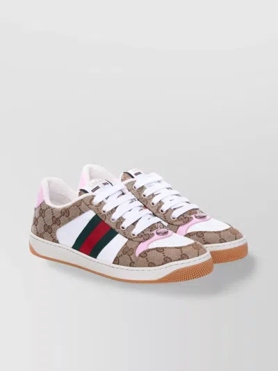 Gucci Screener Trainer In Gg Fabric And Pink Leather In Brown