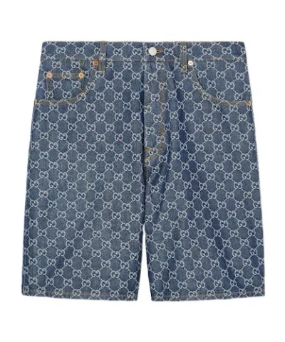 Gucci Low Waist Gg Denim Jacquard Shorts In Blue