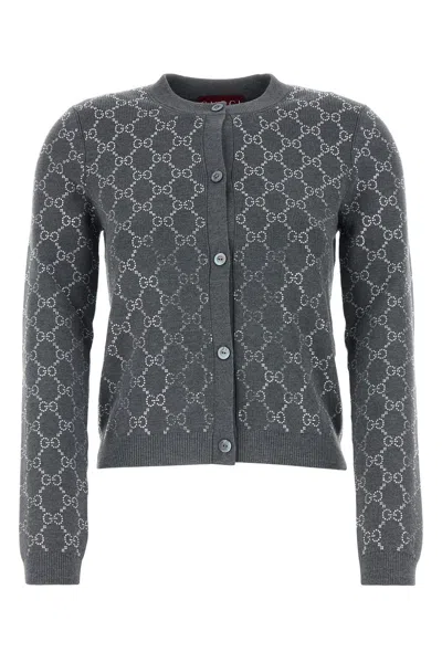 Gucci Gg Embellished Wool Jacquard Cardigan In Grey