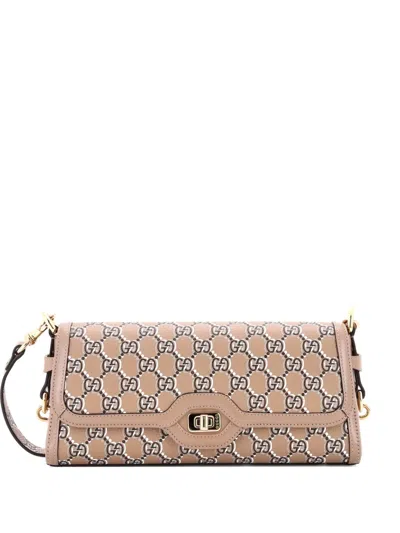 Pre-owned Gucci Luce Optical Gg Printed Leather Small Shoulder Bag In Neutral