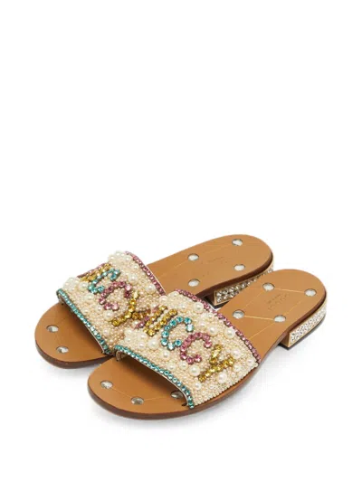 Pre-owned Gucci Lupe Guccy Embellished Sandals In Neutral