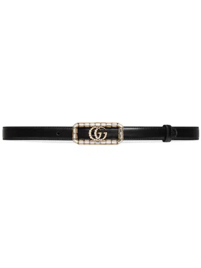 Gucci Double G Crystal-embellished Leather Belt In Black